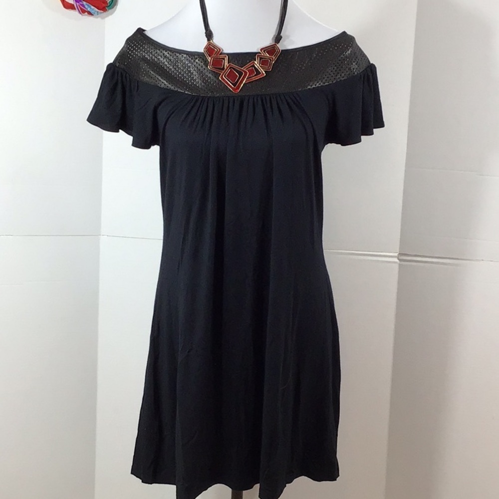 Akiko black with leather trim shift dress/tunic